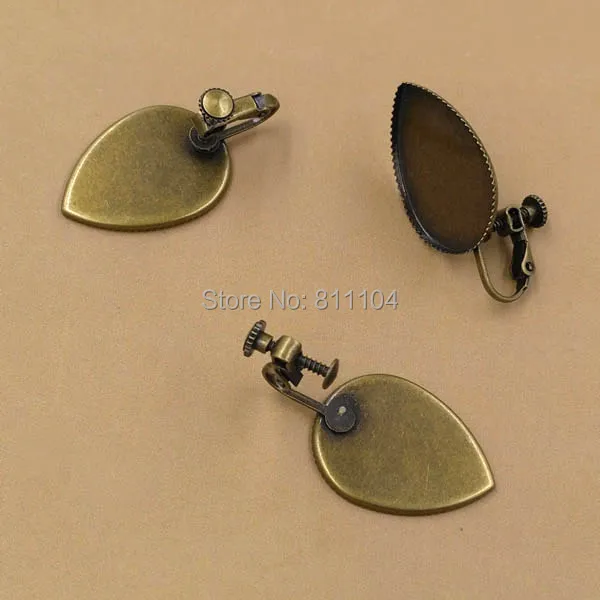 

18x25mm Teardrop Bezel tray Earrings Settings Multi-color Plated Brass Clip On Screw Back No Need Hole Cabochon Earring Findings