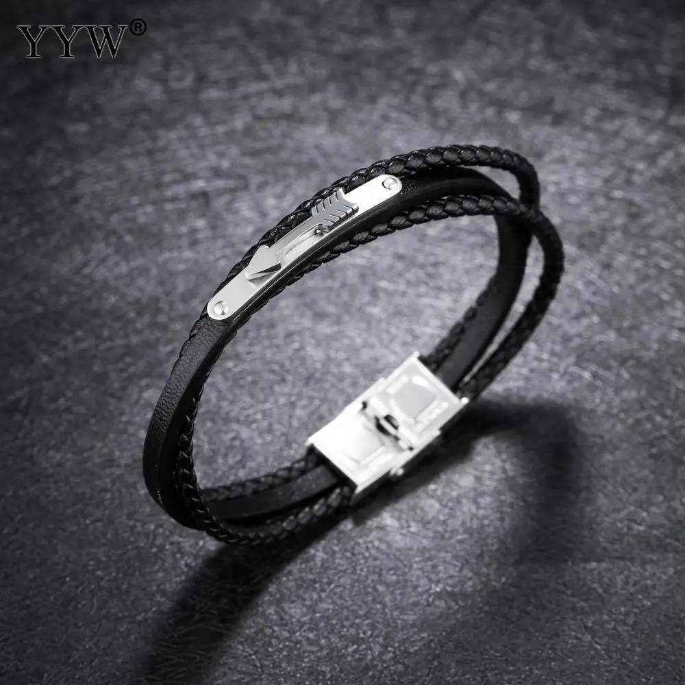 2021 New Bracelet Men Punk Style Stainless Steel Black Color Leather for Jewelry Braid Chain Beads Male Accessories | Украшения и