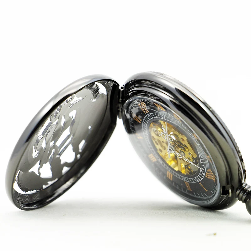 Black Smooth Texture Crane Mechanical Pocket Watch Retro Steampunk Gentleman Style Men's and Women's Necklaces Pendant Clock