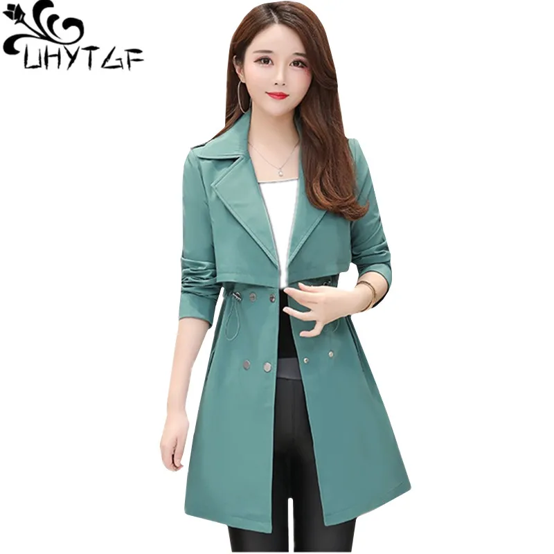 

UHYTGF 5XL Women windbreaker large size coat Fashion suit collar double-breasted quality spring autumn trench coat for women 202