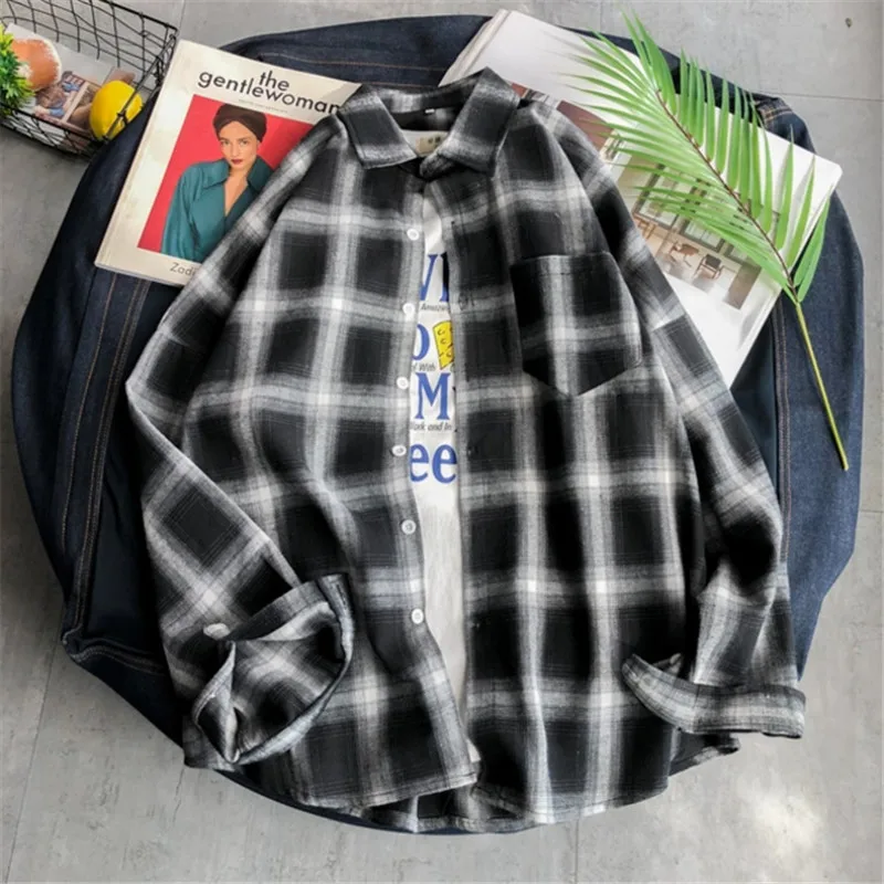 Spring Autumn Male Plaid Shirts INS Style White Red Black Long Sleeve Oversized Simple Top Shirt Plus Size | Мужская одежда