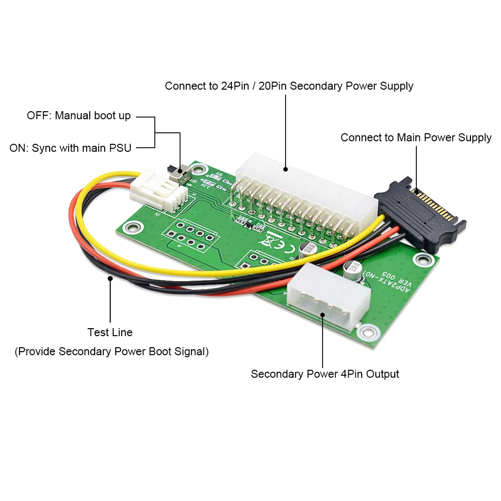 Переходник CHIPAL ADD2PSU ATX 24PIN на 4PIN удлинитель для синхронизации питания Molex двойной