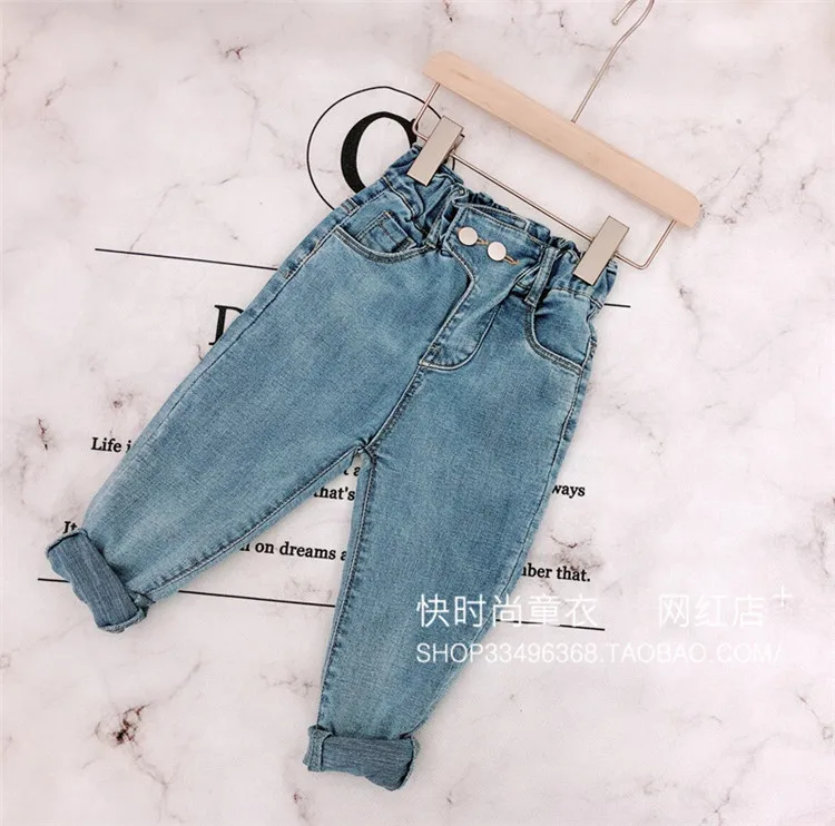 Дети девочек 2019 Весенняя Новинка Корейская Высокая талия джинсы повседневные