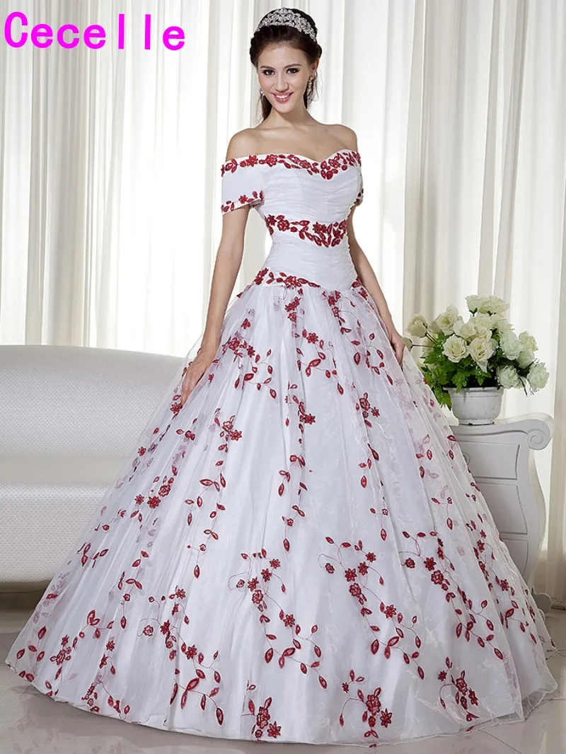 

White and Dark Red Two Tones Ball Gown Wedding Dresses Princess Off The Shoulder Non Traditional Vintage Colorful Bridal Gowns