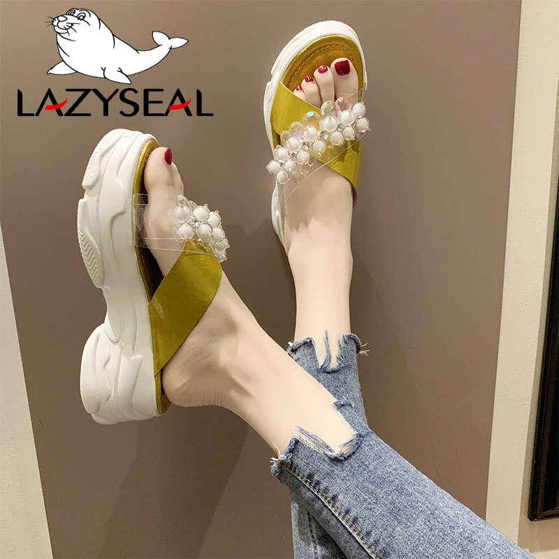 LazySeal тапочки на платформе украшенные бисером новые женские летние пляжные
