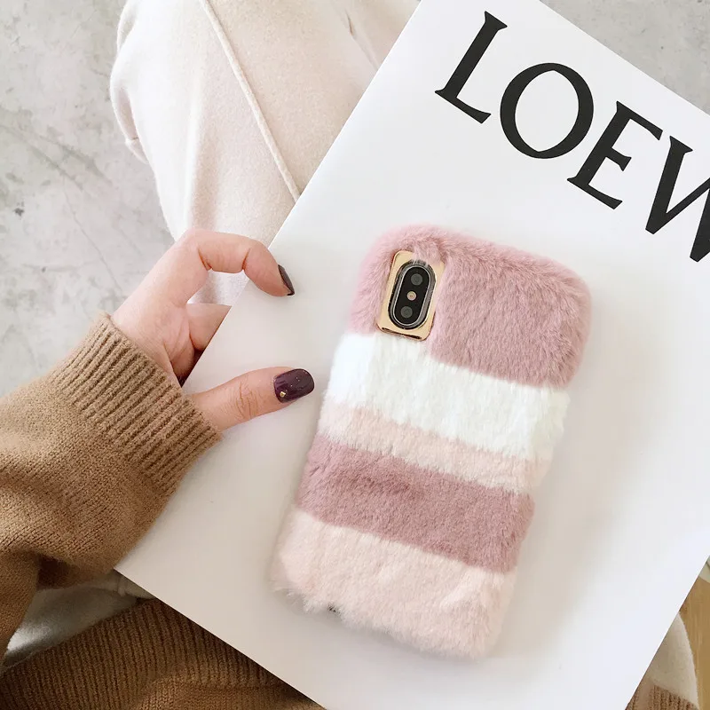 Splice Plush Phone Case For iPhone X XR XS Max Fluff Winter Cover 8 7 6S 6 Plus Cute Fashion Soft TPU Warm Cases | Мобильные