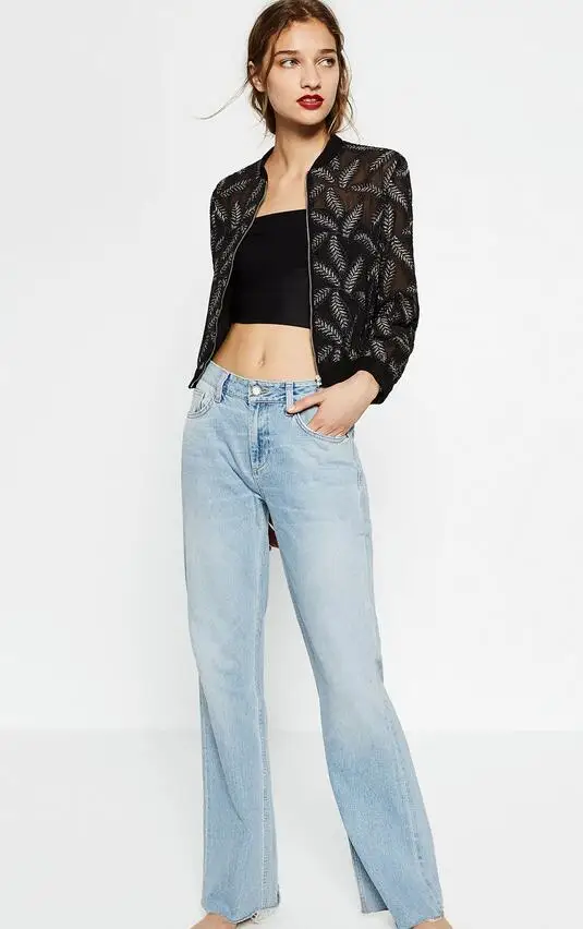 Новый 2016 Осенняя Мода Женщины Перо Вышивка прозрачная Сетка Куртка &quotПилот&quot