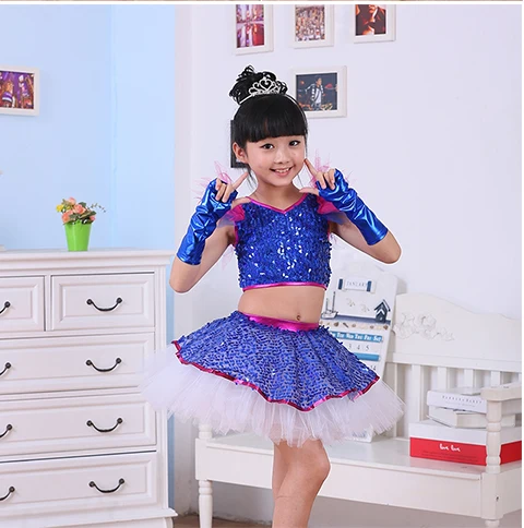 

Blue Sequined Girls Modern Jazz Dancewear Dress Kids Ballroom Ballet Party Dancing Costumes Outfits with Gloves