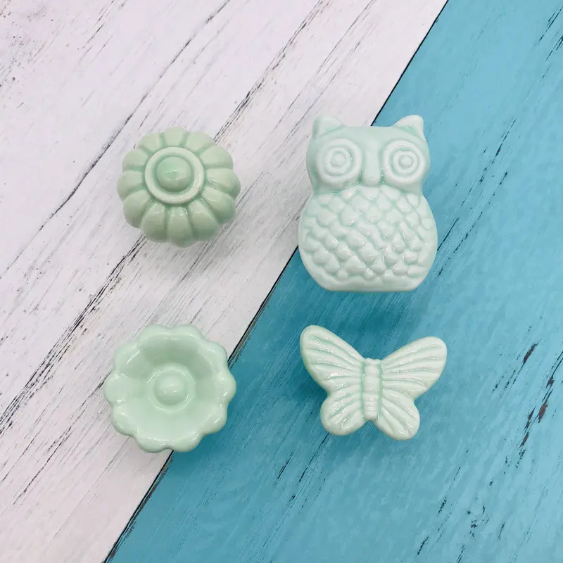 

8pcs Lovely Drawer Kid Room Clothes Cabinet Cartoon Image Cabinet Draw Pretty Handle Knobs Fashion Jade Green Ceramic Door Pulls