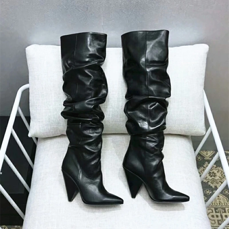 BuonoScarpe Leather Knee High Boots Woman Pointed Toe Strange High Heel Shoes Women Chic Spike Heel Long Pleated Boots New