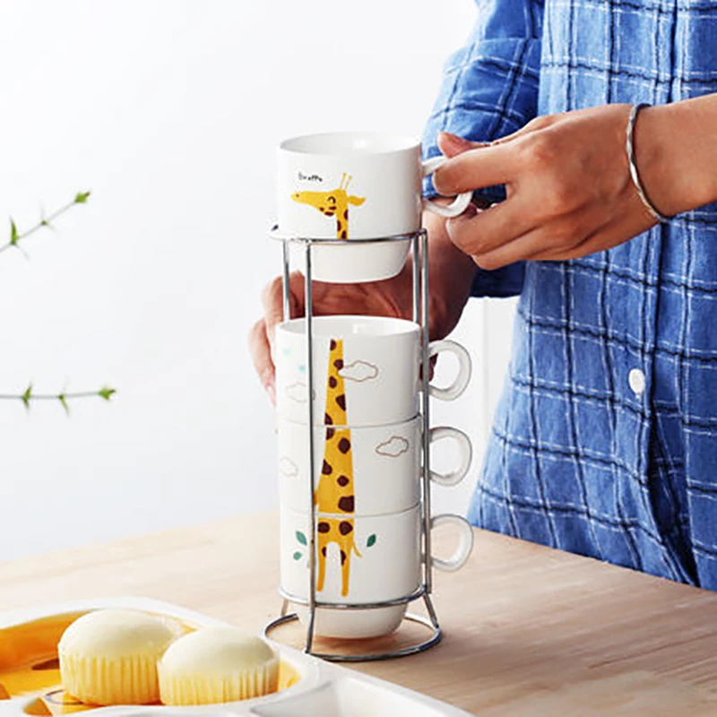 Набор керамических чашек с изображением животных жирафа слона 4 шт.|Кружки| |