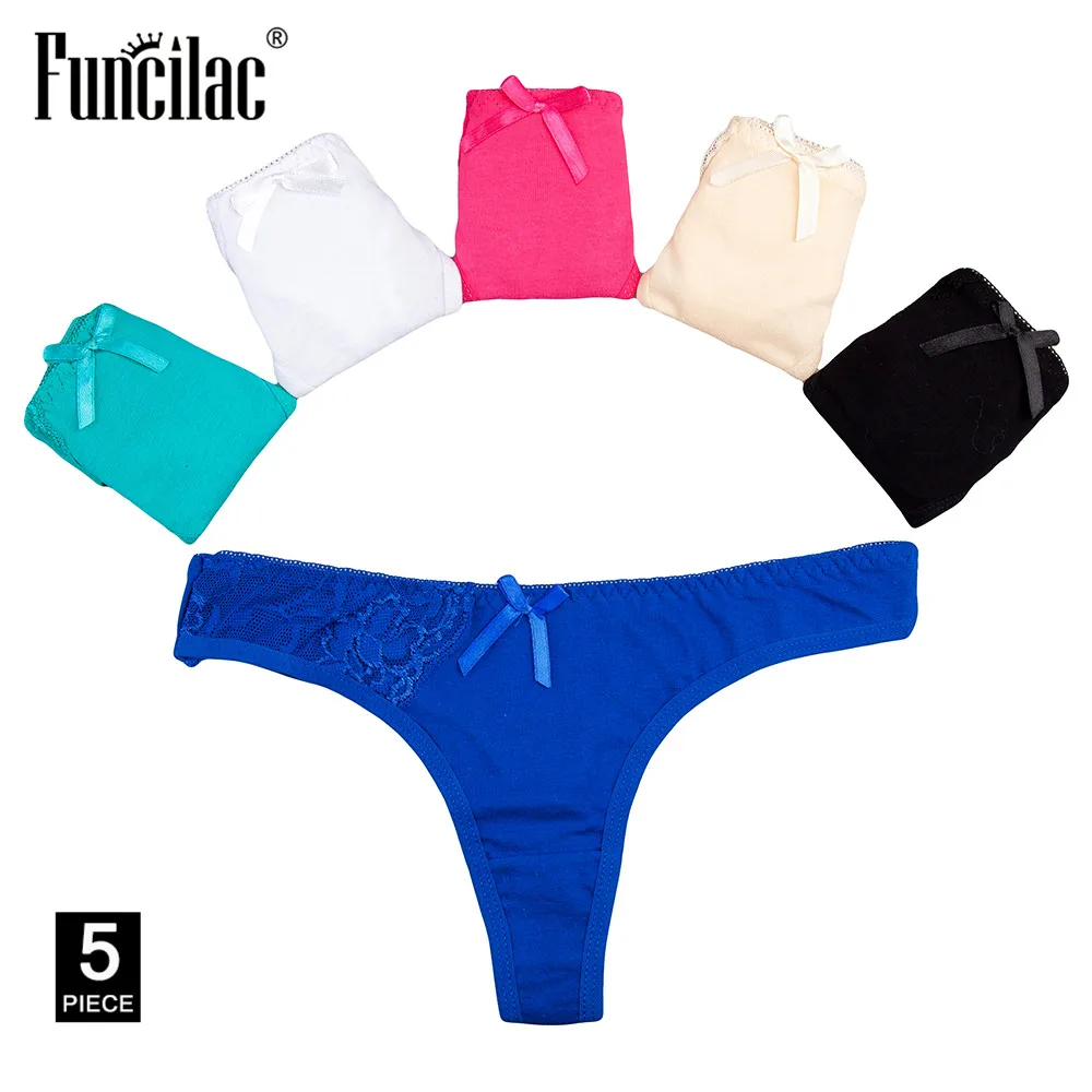 FUNCILAC пикантные Для женщин прозрачные стринги Трусы-стринги для Для женщин кружева нижнее белье сплошной цвет интимное белье 5 шт./компл - Цвет: 5FC7282-5 pcs