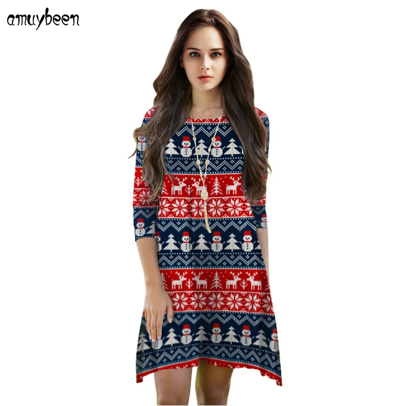 платья Рождественские жениские зима 2017 новогодний оленей ёлка Санта Клаус