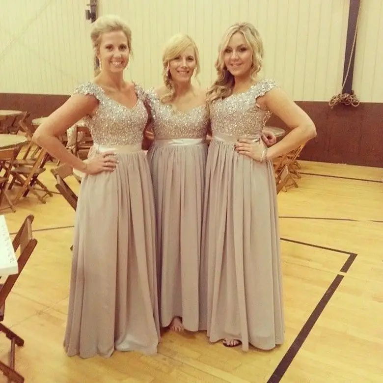 Most Fashion Gray Bridesmaid Dresses 2015 Long Chiffon Cap Sleeve Sequin Beaded Top Cheap Dress | Свадьбы и торжества