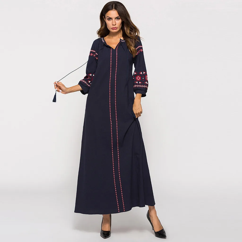 Женское мусульманское длинное платье 2019 с длинным рукавом и вышивкой арабское