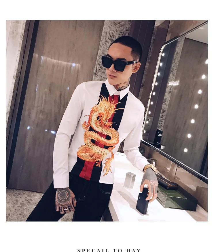 Роскошные сплайсированные ночной клуб смокинг модное платье рубашка Camisa Hombre Slim Fit рубашка Мужская Уличная с принтом дракона Мужская рубашка мужские рубашки