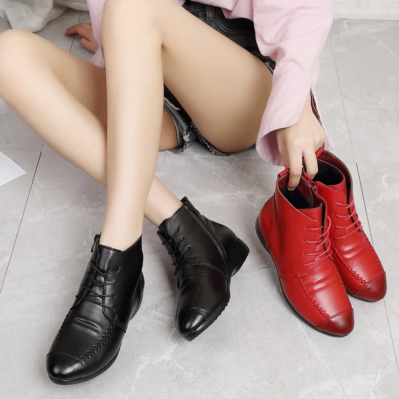 ZZPOHE Fashion Genuine Leather Women Boots Women's Soft Flat Ankle Shoes Femme Ladies Warm Snow Winter | Обувь