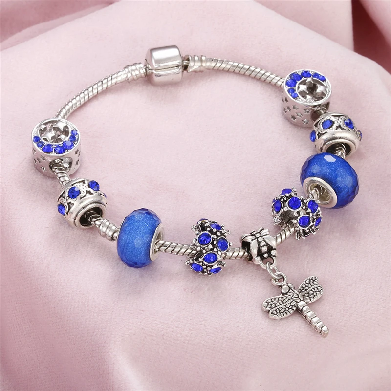 Hot Sale Blue Glass Crystal Beads Charms Bracelet &amp Bangle Heart Lock Key Tortoise Pendant Bracelets For Women Diy Jewelry Gifts |