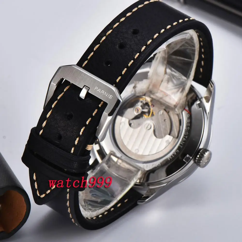 42 мм Parnis мужские наручные часы черный циферблат перспектива задняя крышка кожа
