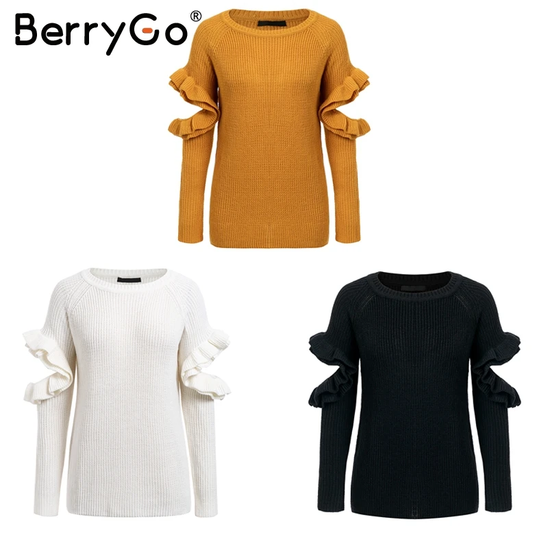 BerryGo Hollow out ruffle sleeve sweater pullover Casual loose warm 2018 Streetwear pull femme jumper | Женская одежда