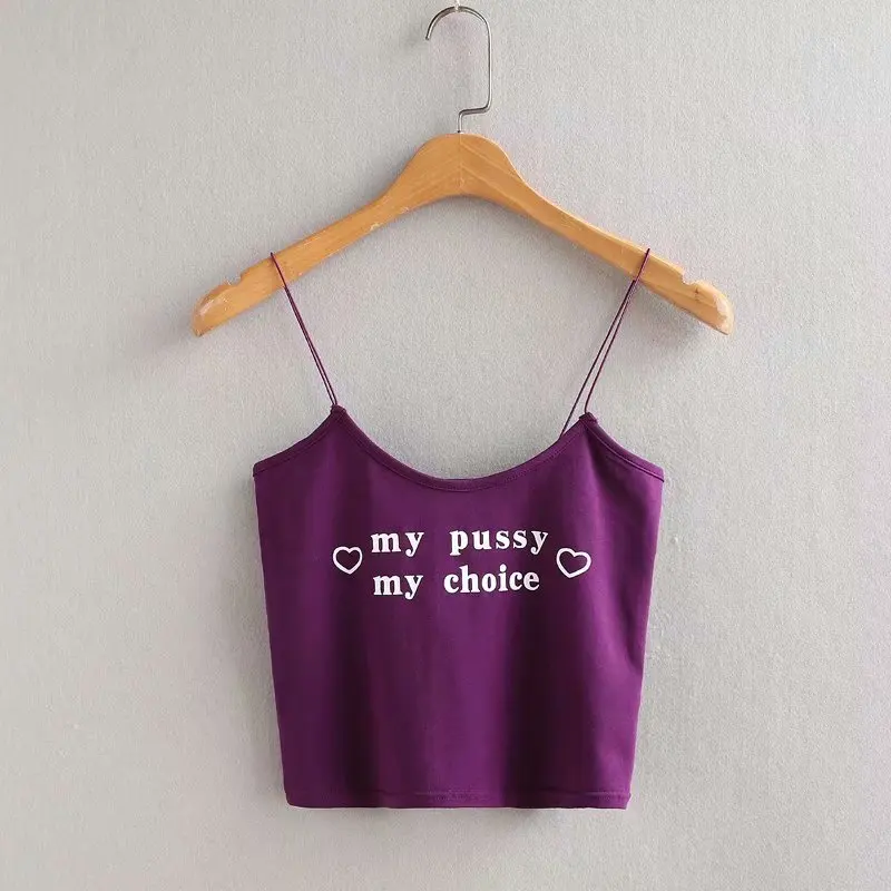 purple A Укороченный топ с буквенным принтом для женщин Harajuku короткая женская Обтягивающая майка без рукавов Летние однотонные повседневные топы на бретелях Feminino Camisole - Цвет: purple A