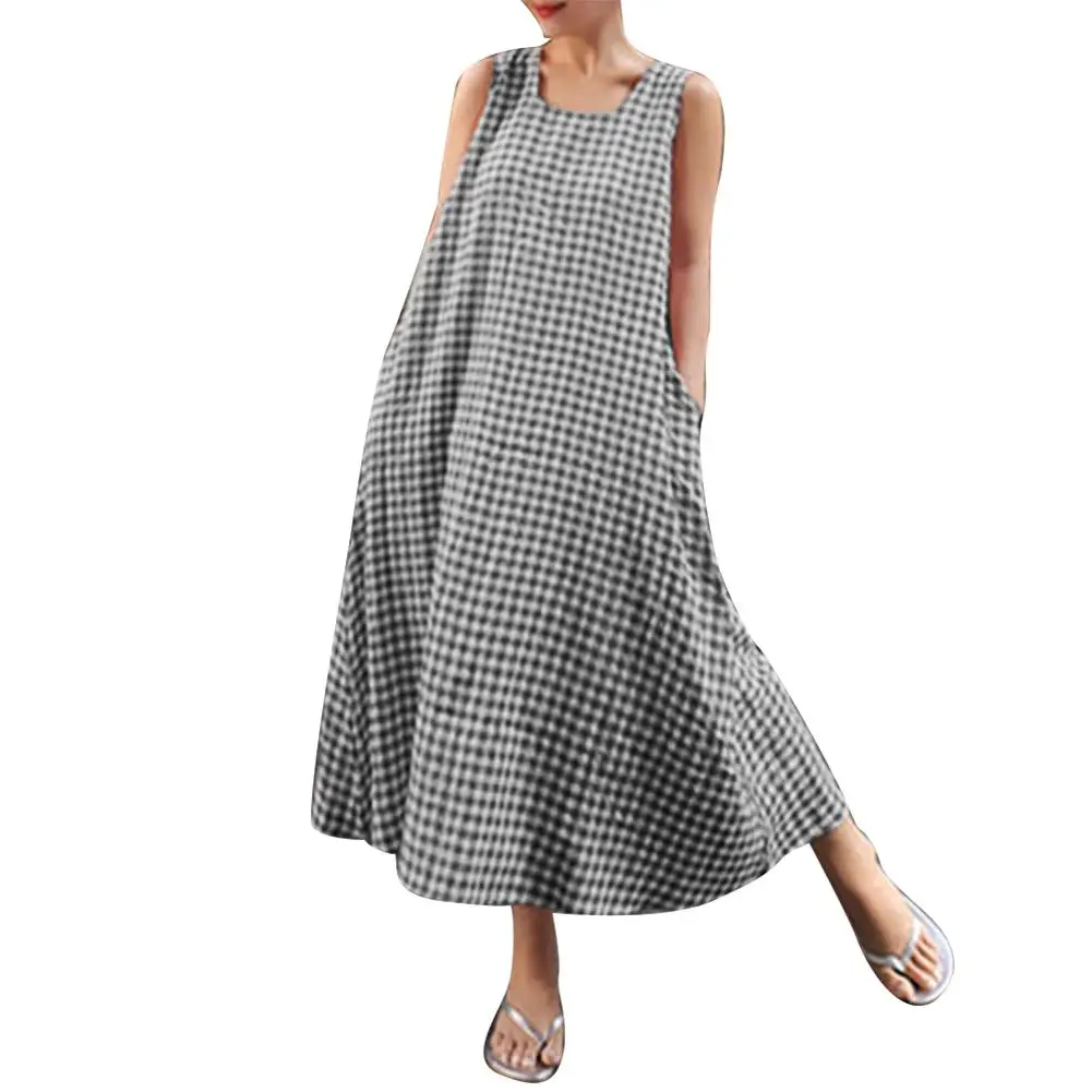 Модные летние платья рубашки 2019 свободный женский сарафан в клетку без рукавов с