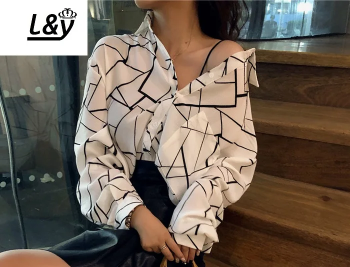 L &amp Y геометрическим принтом Для женщин блузка рубашка Мода Демисезонный