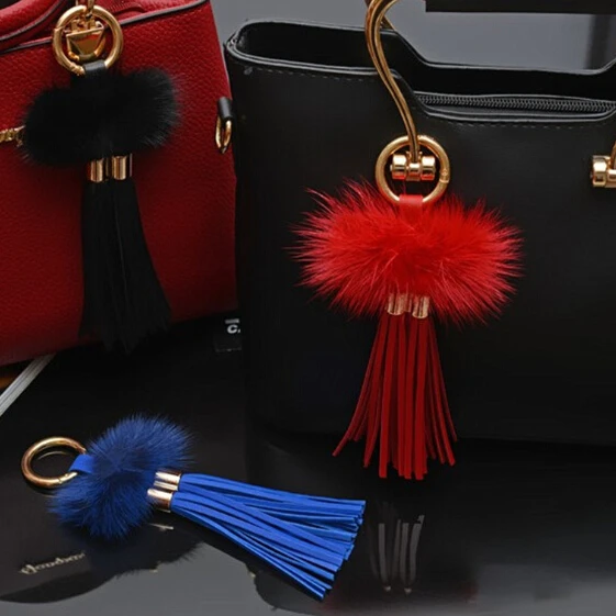 

New Design Real Mink Fur Ball Leather Tassel Bag Car Key chain Key ring Car or Bag Charm souvenir