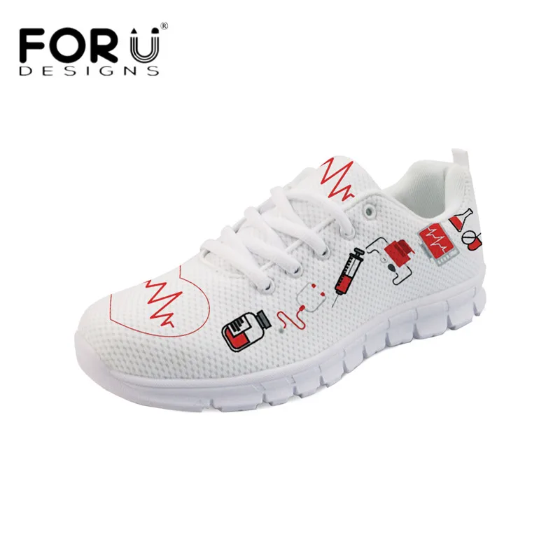 

FORUDESIGNS Nurse Heart Print Flats Shoes Women Fashion Nursing Shoes Comfortable Mesh Sneakers Autumn Woman Light Walking Shoes