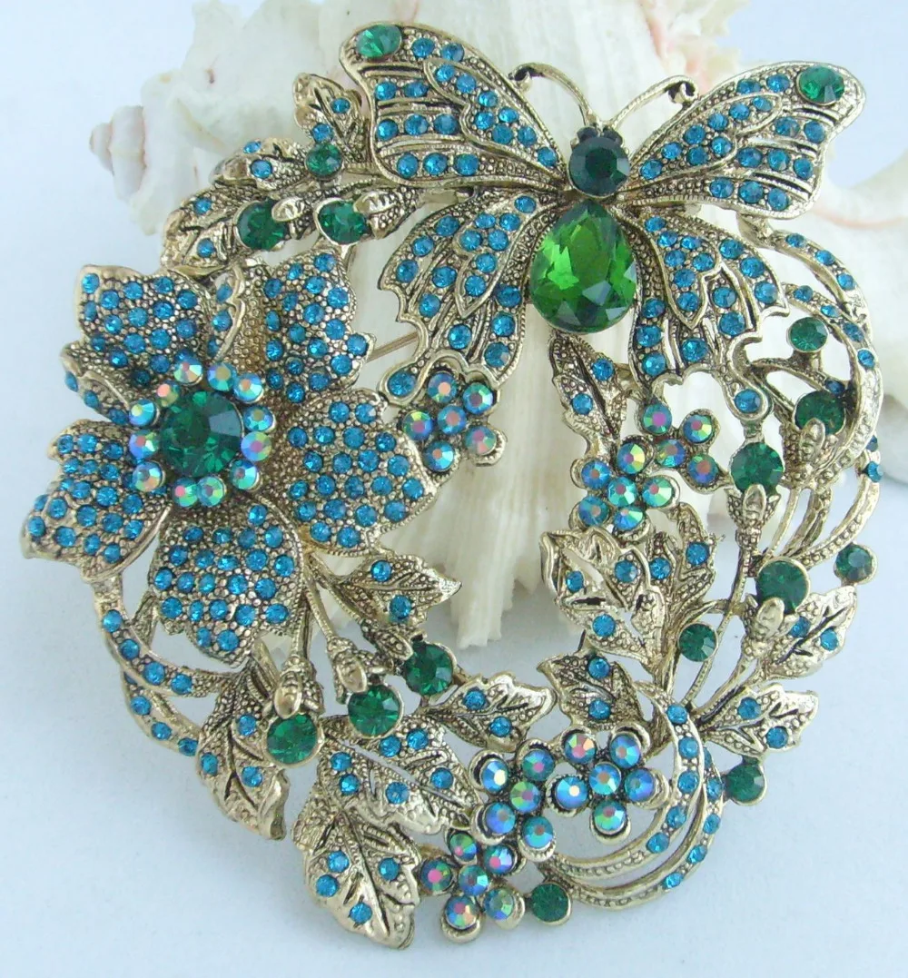 3 54 &quotPretty Blue Green Стразы Хрустальная брошь в виде бабочки булавка кулон EE04489C1|pin