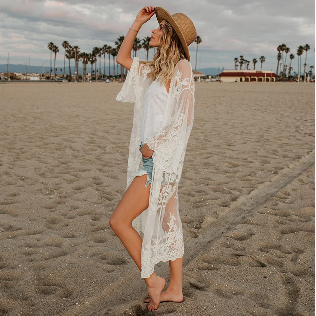 2018 Новое поступление элегантные Для женщин кружева Boho кимоно Cover Up кардиган с