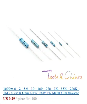 100 шт 0-2-3,9-10-100-270-1 K-33 K-220 K-1 M-4,7 M R Ом 1/6W 1/8W 1% металл пленочный резистор с цветным кольцевым сопротивлением