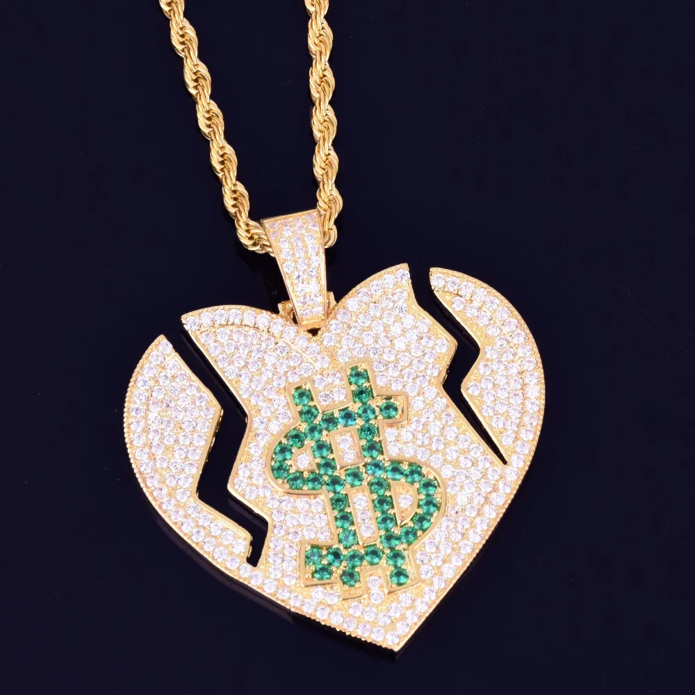 Iced Out Broken Heart Dollar Symbol Love Pendant Necklace With Tennis Chain AAA Cubic Zircon Men's Women Hip hop Rock Jewelry