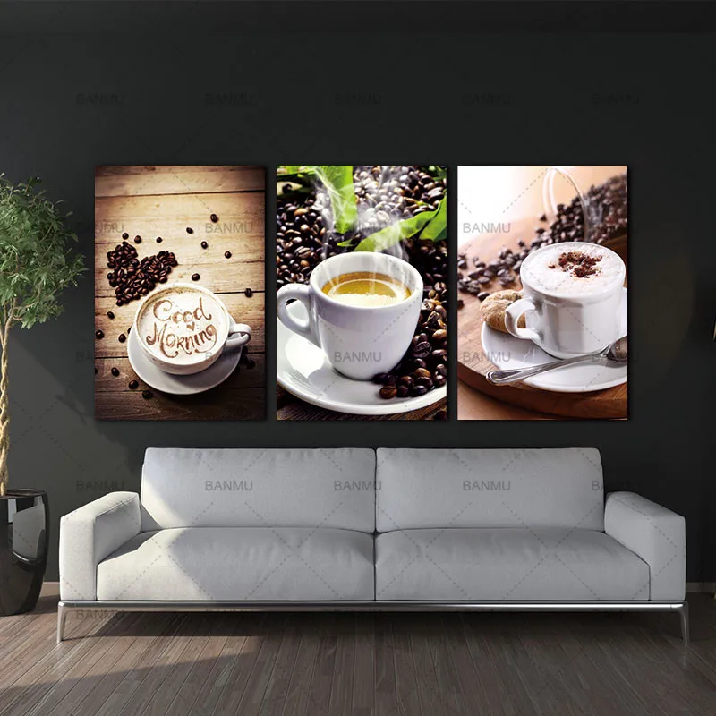3 панели холст фото печать современных Кухня сцены кофе Wall Art Картина Холст
