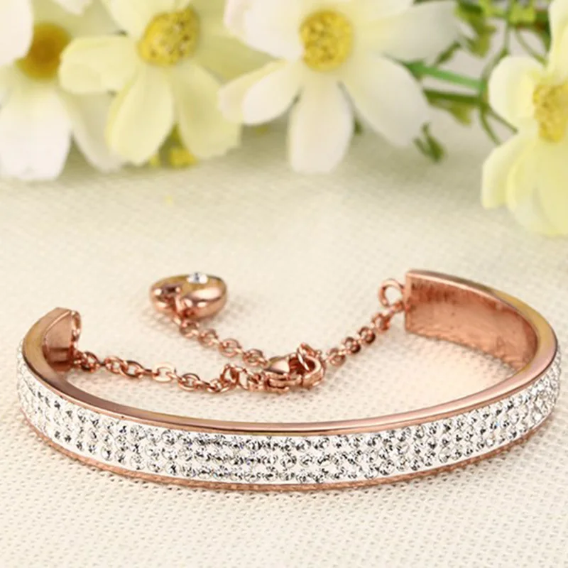 Vnox Elegant Rose Gold Color Crystal Rows Cuff Bangle for Women Charm Bracelet Stainless Steel Adjustable Wedding Party Jewelry | Украшения