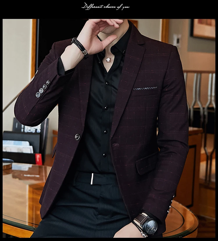 Plaid Check Blazer Men Gold Yarn Spring Autumn Blazer Masculino Slim Fit Chaquetas Hombre De Vestir Mens Vintage Blazer