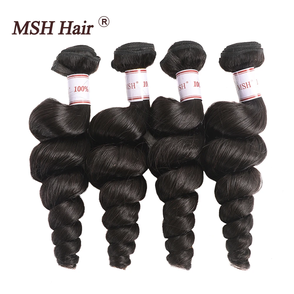 MSH Hair Indian Loose Wave 4 Bundles Extensions Natural Black Non Remy Human Weaves | Шиньоны и парики