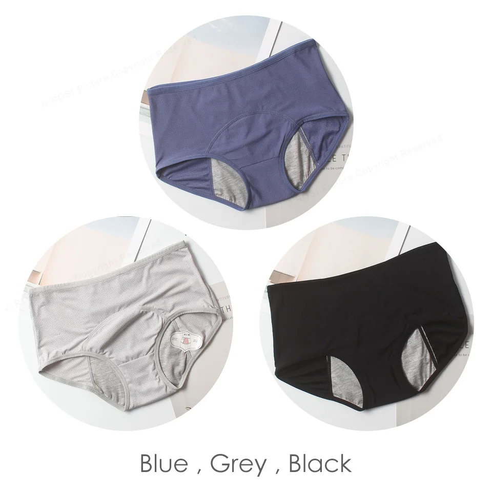 Blue Grey Black Менструальные трусы, трусики для женщин, хлопковое дышащее Сетчатое водопоглощающее герметичное нижнее белье, женское нижнее белье с высокой талией, XXXL - Цвет: Blue Grey Black