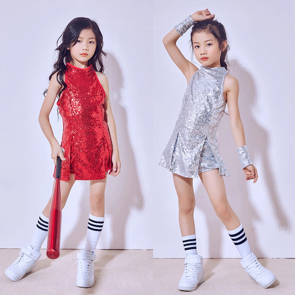 

Red Children Party Dance Costumes Jazz Sequined hip-hop Dance modern Kids Dancewear Competitions Performance Stagewear Outfits
