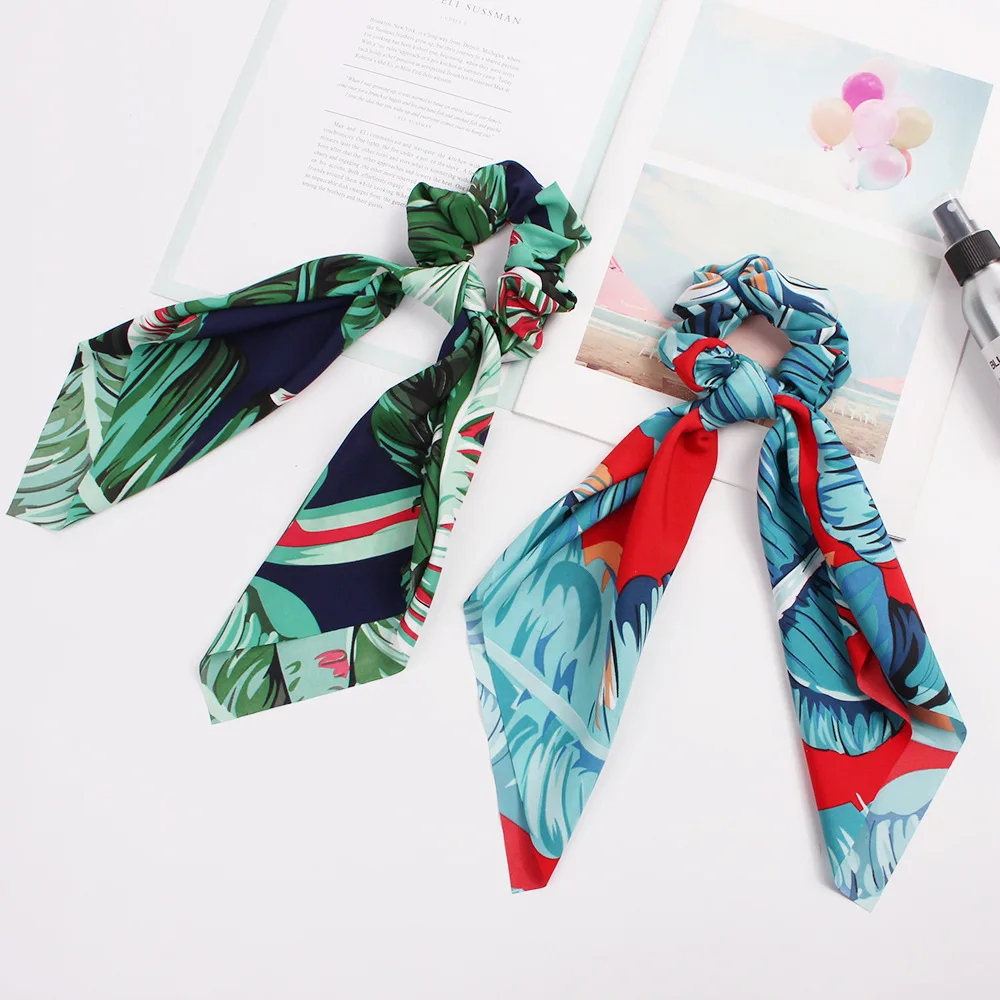 New Ribbon Scrunchie Chiffon Headband Summer Beach Scrunchies Women Elastic Hair Bands Girls Ties Printed Accessories |