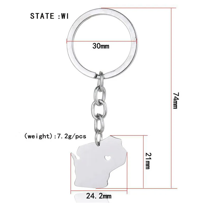 

New Wisconsin Map Keychains Silver Color Stainless Steel Wisconsin Map Heart Key Chains Map Memorial Jewellery