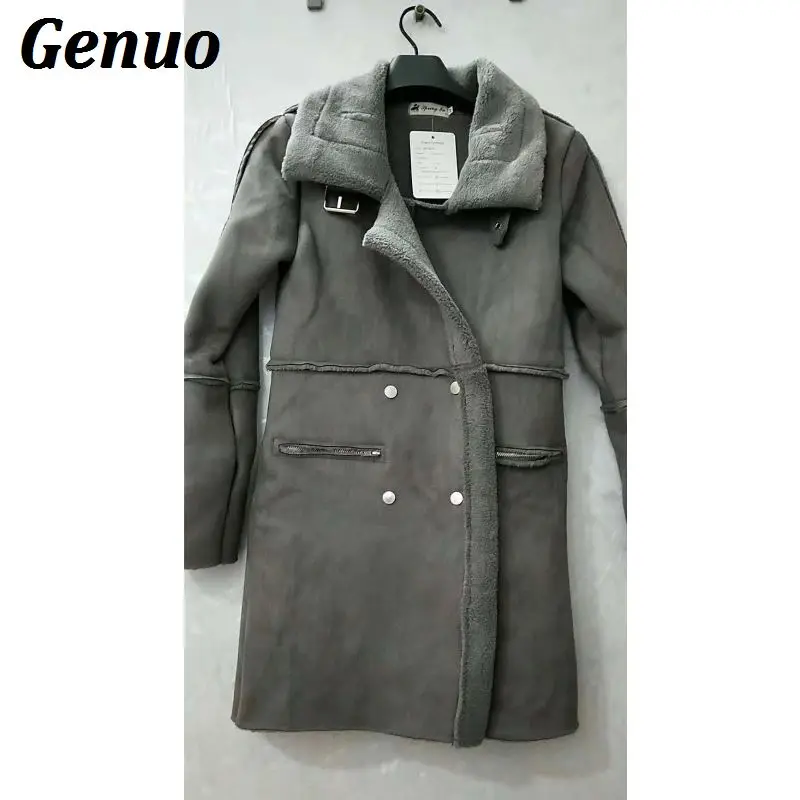 Gray Genuo Women's Winter Coat Thick Warm Cashmere Woolen Coat Female Turn-down Collar Long Winter Jacket Women Wool Jackets Outfits - Color: Gray