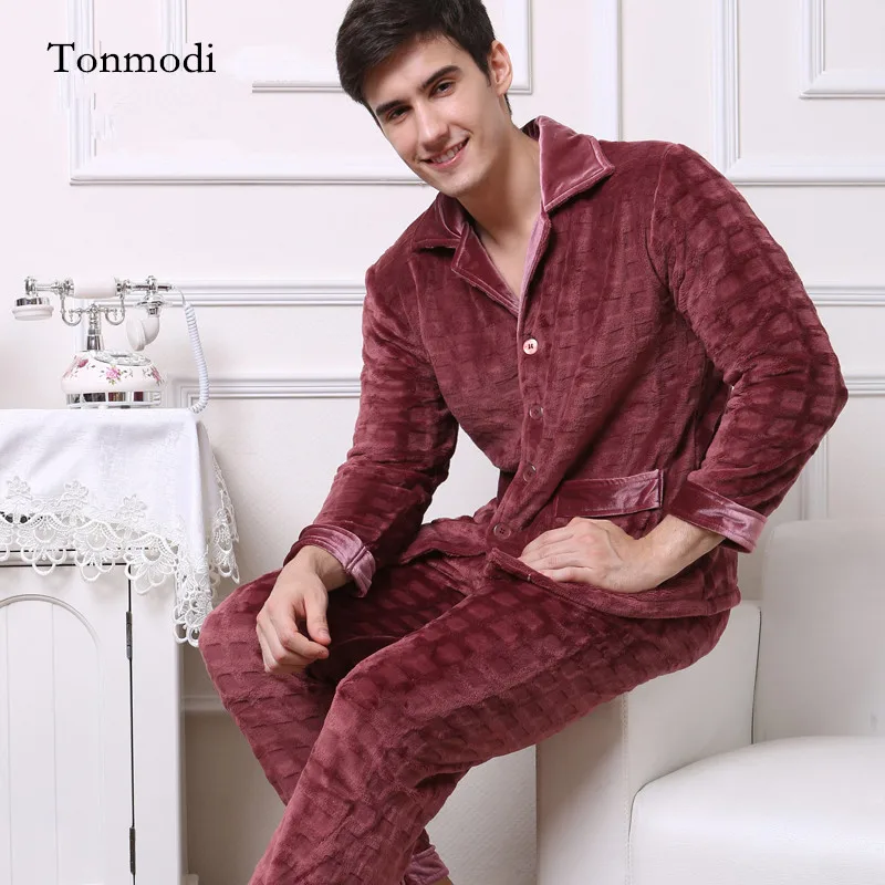 

Middle Aged Father Men Pajamas Winter Thickening Warm Mens Pajamas Coral Velvet Pyjamas Men lounge Sleepwear pajama Set