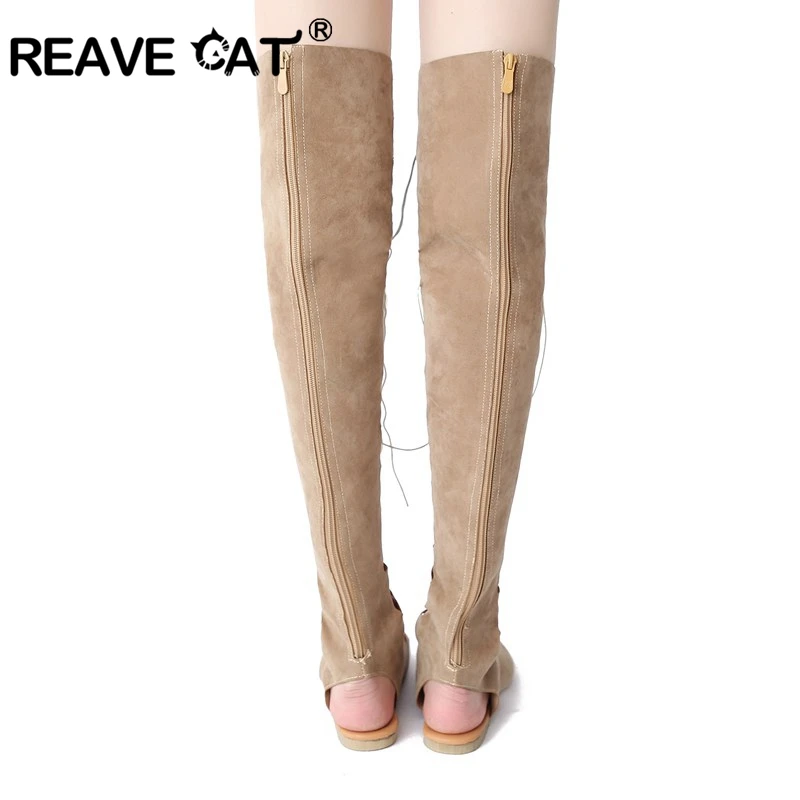 REAVE CAT/Брендовые женские летние сапоги выше колена; сандалии-гладиаторы с перекрестной шнуровкой на молнии; ажурные балетки секси из флока; Новинка года; маленькие размеры; A352