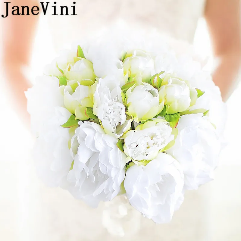 

JaneVini White Peony Artificial Flower Bridal Bouquet Green Silk Green Brides Wedding Bouquet Lace Handle Holding Flowers New