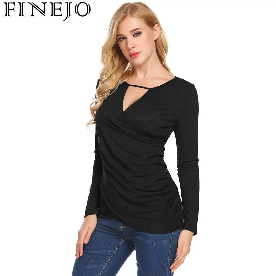 FINEJO Осенняя футболка женская с длинным рукавом v образным вырезом однотонная