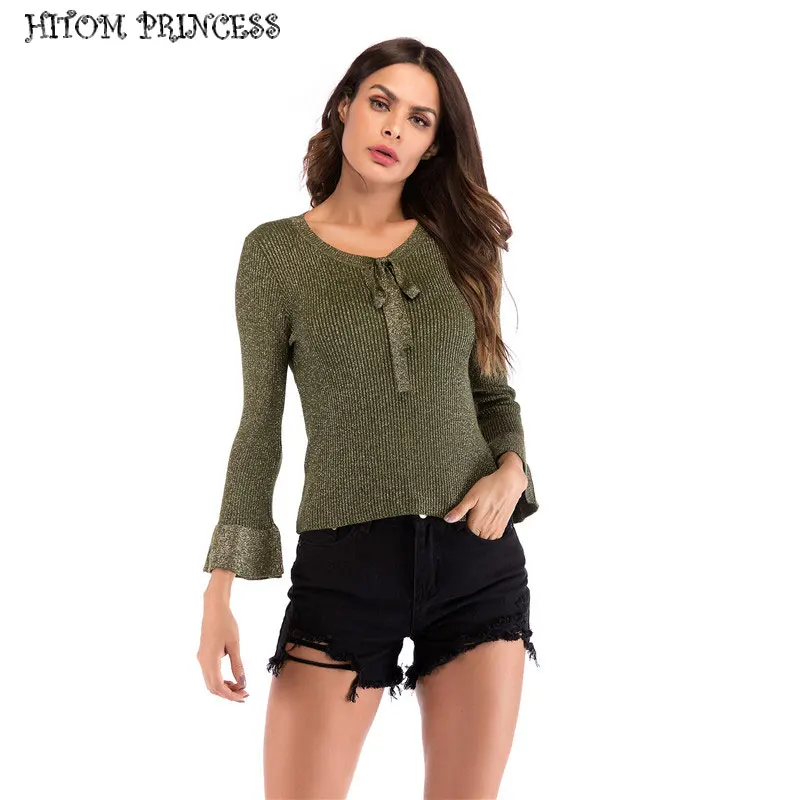 

HITOM PRINCESS Autumn Vintage Knitted T-shirts Women Tops Tees Bow Tie Flare Sleeve Slim Basic T Shirt Female Knitwear T-shirt