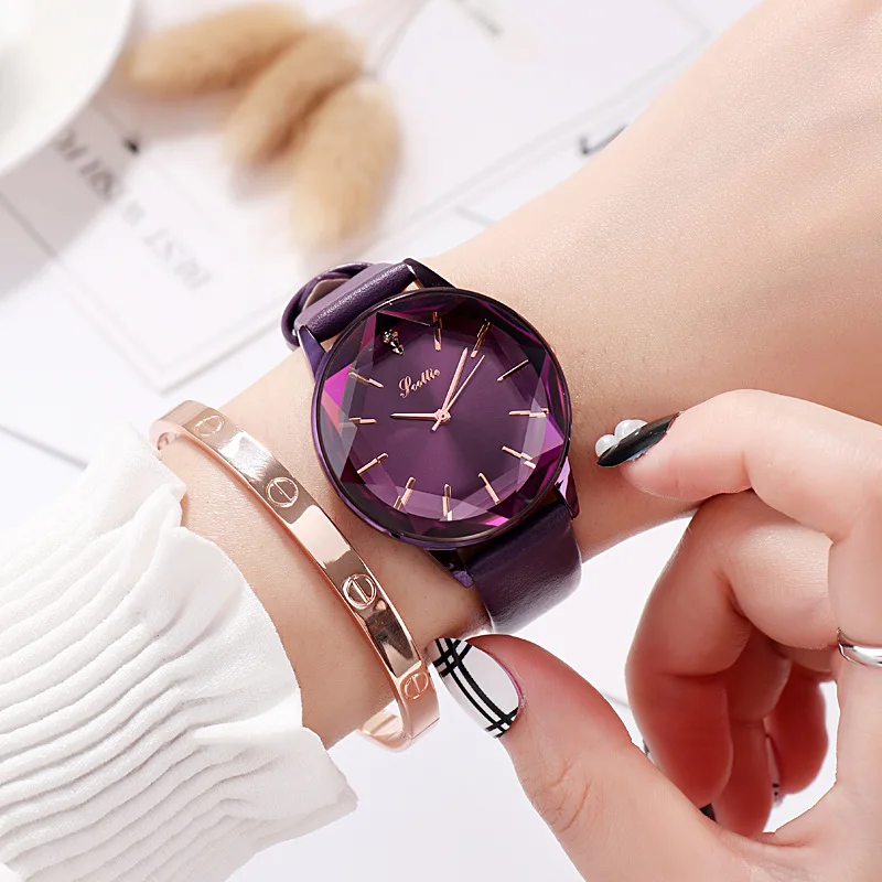 Purple Дропшиппинг, модные роскошные женские часы с бриллиантовым стеклом, красным фиолетовым циферблатом, персональный Красный Фиолетовый кожаный ремешок, женские часы, reloj - Цвет: Purple