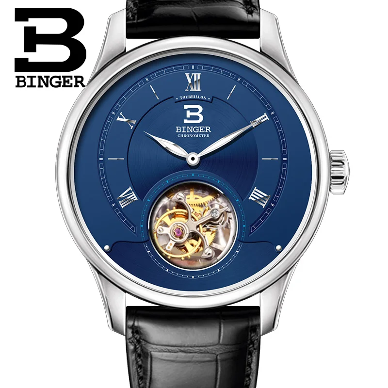 Высококачественные механические часы Seagull Tourbillon с крокодиловым кожаным ремешком сапфировые Мужские автоматические часы Бингер синий циферблат - Цвет: 02