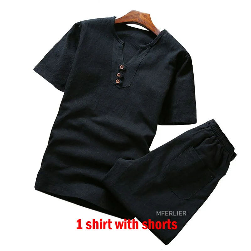 Black with shorts MFERLIER, летняя мужская рубашка, большой размер 5XL 6XL 7XL 8XL 9XL, хлопок, лен, обхват груди 105-155 см, мужская рубашка, 5 цветов - Цвет: Black with shorts